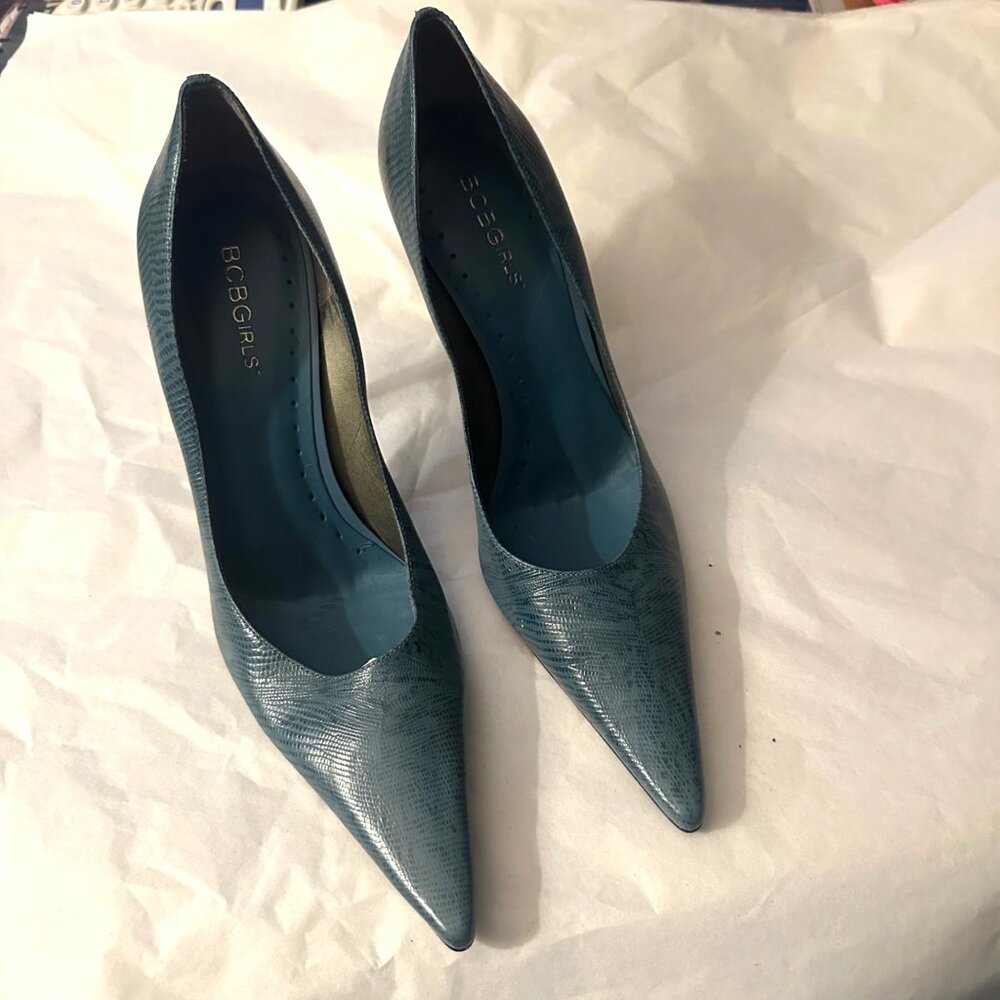 BCBGirls Teal Faux Snakeskin Pointed-Toe Stiletto Heels Size 9B EU 39 IndieSleez